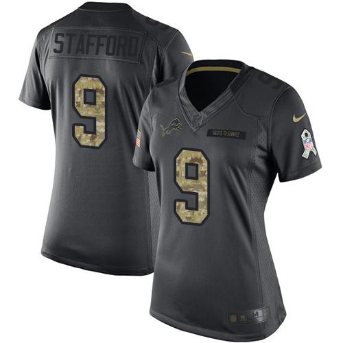 Nike Lions #9 Matthew Stafford Black Women's Stitched NFL Limited 2016 Salute to Service Jersey - Click Image to Close